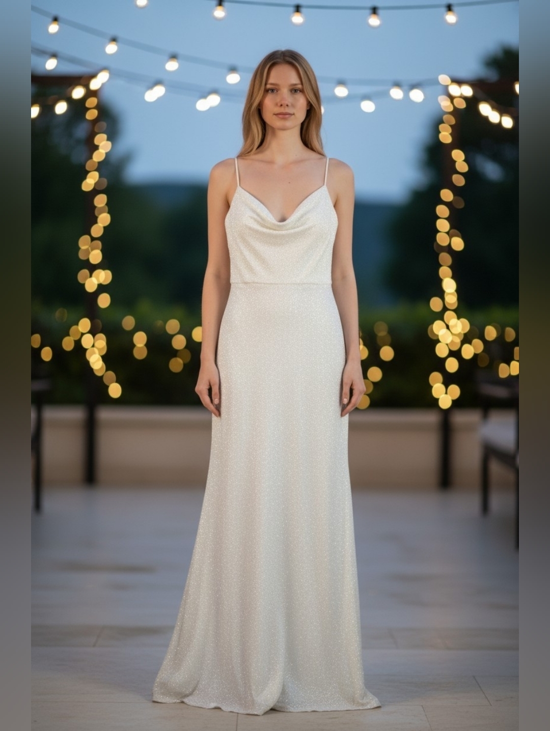 Christina Wu Ivory Sparkle Cowl-Neck Spaghetti Strap Wedding Gown